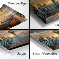 The image is a collage of four different views of a city skyline at sunset, each with a different finish: "Premium Paper", "Canvas Wrap", "Acrylic", and "Metal/Aluminum".
