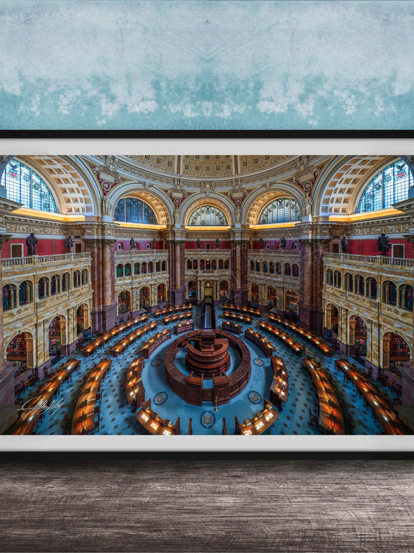 This luxury fine art photograph captures the grand interior architecture of the Library of Congress in Washington DC. Marble columns, ornate ceilings, and classical symmetry create a refined composition rooted in American national history and cultural legacy. Ideal for collectors, professionals, and interior designers seeking museum-quality wall art that embodies intellect, heritage, and timeless elegance.