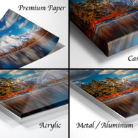 The image is a collage of four different images, each depicting a landscape scene with mountains, trees, and a body of water. The images are labeled as "Premium Paper", "Canvas Wrap", "Acrylic", and "Metal/Aluminum" to describe the materials used for the prints.