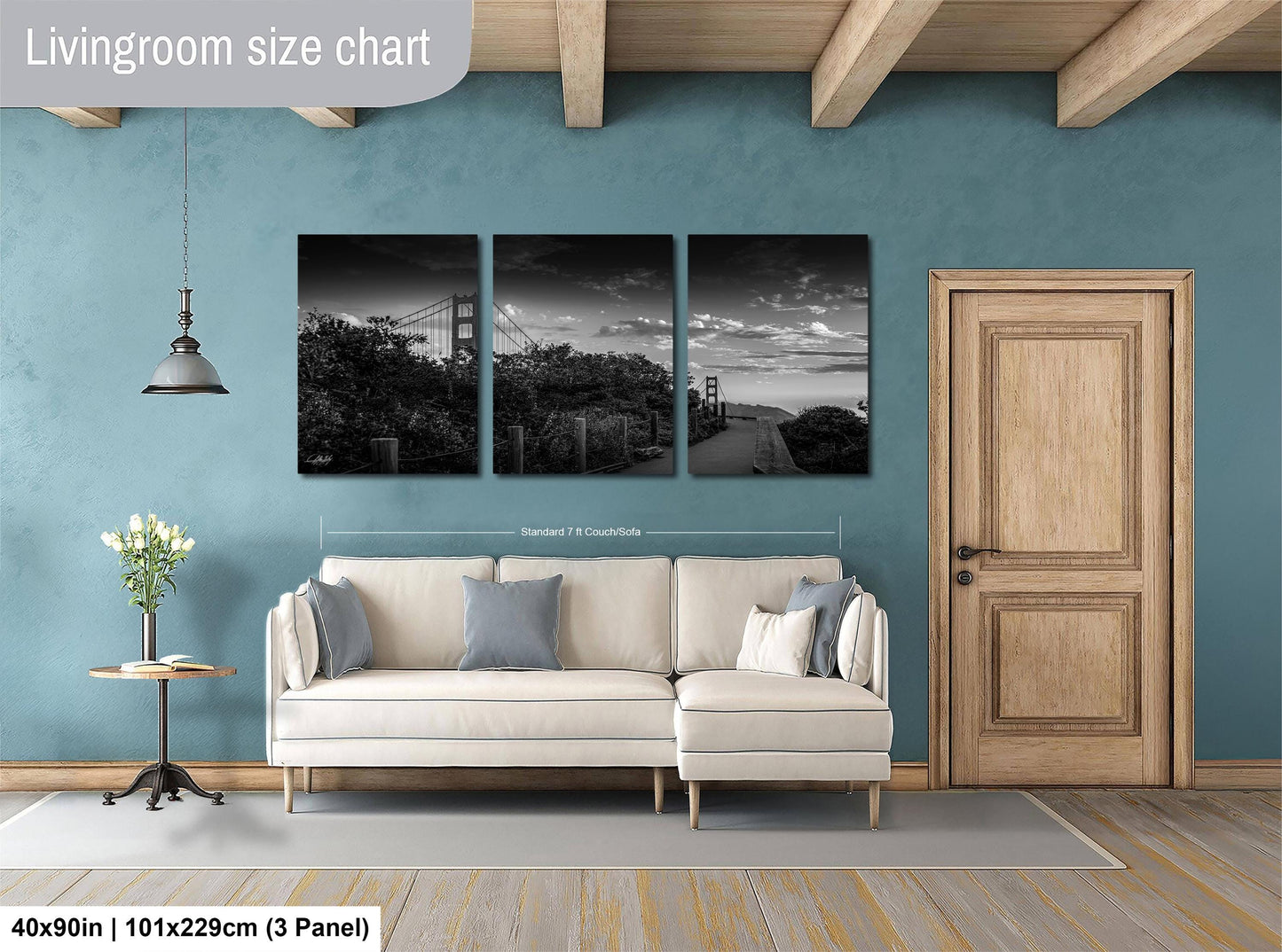 The image is a living room with a white sofa and a wooden door. Above the sofa, there is a wall-mounted living room size chart that provides dimensions for the wall panel.