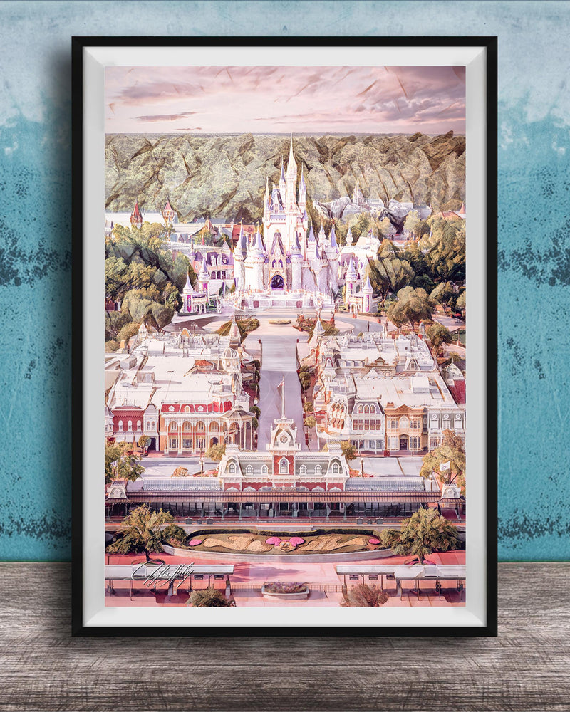 A framed illustration of a fantastical, castle-like structure surrounded by a lush, colorful landscape.