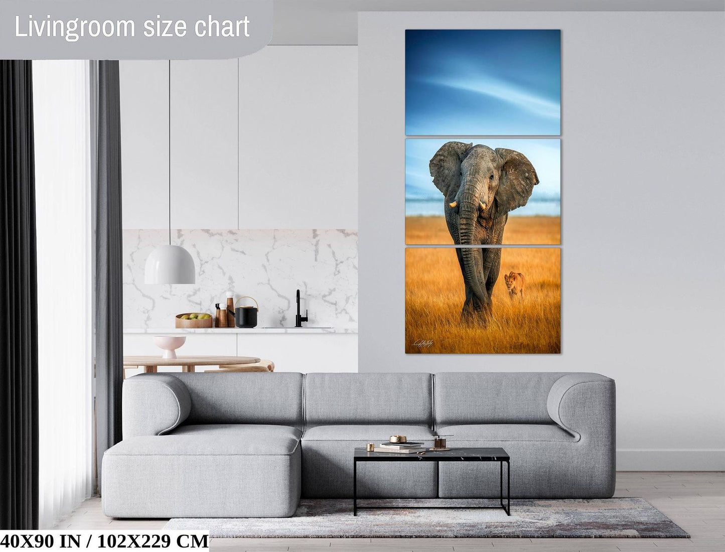 The image is a living room with a gray sofa, a coffee table, and a large wall art depicting an elephant in a field.