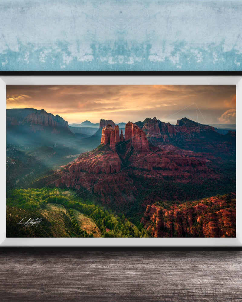 cathedral rock sedona, sedona sunrise photography, lovers knoll sedona, red rock landscape art, sedona fine art print, arizona wall decor, southwest photography, spiritual landscape art, nature wall art, sedona vortex photo, luxury fine art print, desert sunrise art, collectible landscape photo
