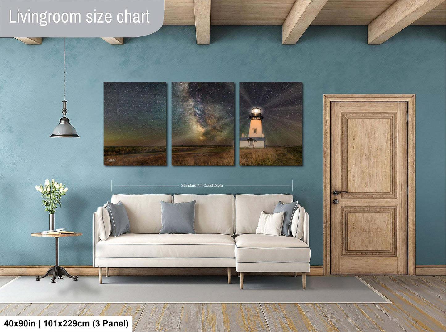 The image is a livingroom size chart that includes a living room with a white sofa, a wooden door, and a painting of a lighthouse and a starry sky on the wall.