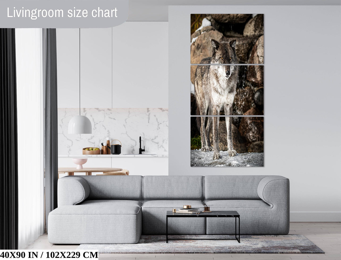 The image is a living room with a gray sofa, a coffee table, and a large wall art depicting a wolf. The wall art is a triptych, with the top and bottom panels showing the wolf and the bottom panel showing the wolf's face. The living room has a minimalist design with white walls and a gray sofa.
