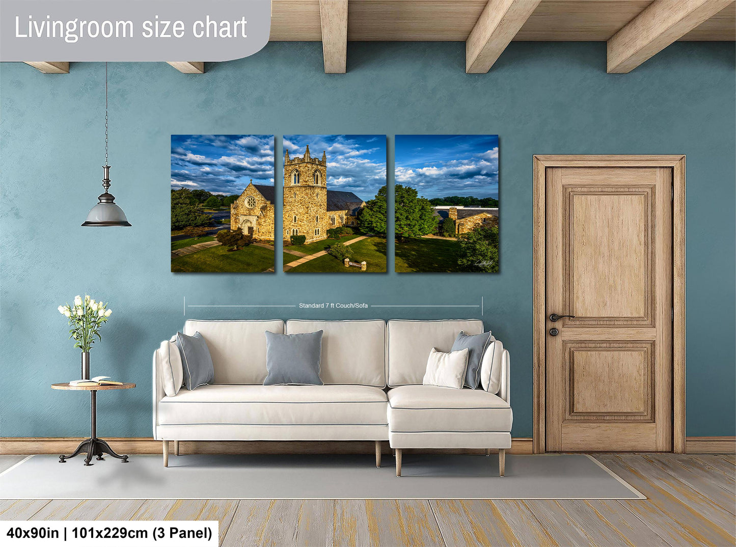 The image is a livingroom with a large, three-panel living room size chart on the wall. The chart displays the dimensions of the living room in feet and inches, with the largest panel measuring 40'x50'', the medium panel measuring 101'x129'', and the smallest panel measuring 3'x3''.