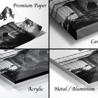 The image is a collage of four different images, each depicting a building or architectural structure. The images are labeled as "Premium Paper", "Canvas Wrap", "Acrylic", and "Metal/Aluminum".