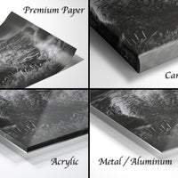 The image is a collage of four different views of a black and white photograph of a bear's face, with each view labeled as "Premium Paper", "Canvas Wrap", "Acrylic", and "Metal/Aluminum".