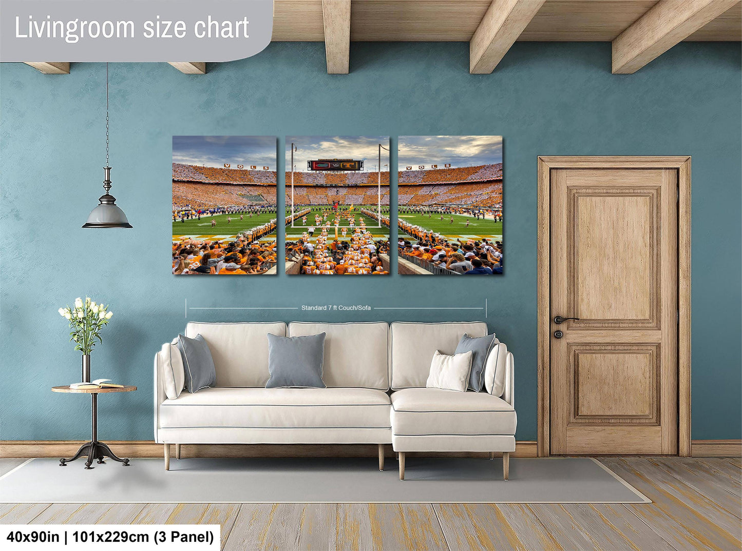 The image is a living room with a large, three-panel living room size chart on the wall. The chart displays the dimensions of the living room in feet and inches, with the largest panel indicating a size of 40'50" (101.229 cm) and the smallest panel showing a size of 3' panel.