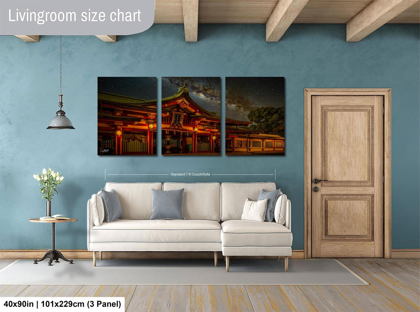 The image is a living room with a large, three-panel living room size chart on the wall. The chart displays the dimensions of the living room in feet and inches, with the largest panel being 40'x50'', the medium panel being 101'x129'', and the smallest panel being 3'x3'', indicating the room's size.