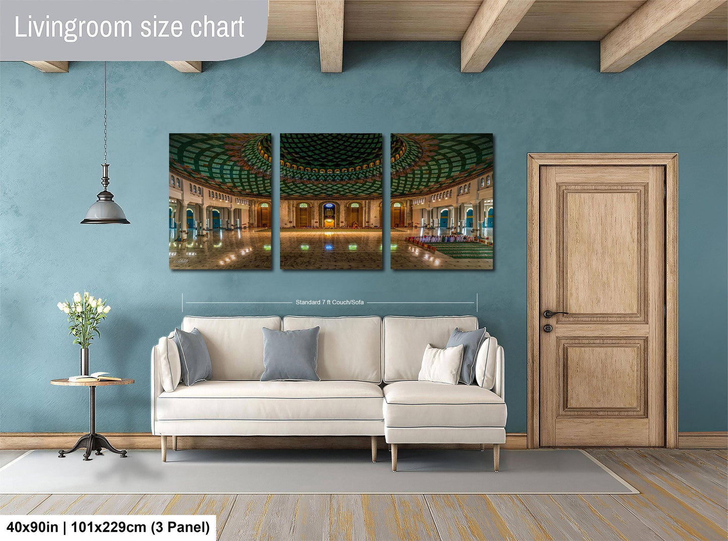 The image is a living room with a large, three-panel living room size chart on the wall. The chart displays the dimensions of the living room in feet and inches, providing a visual representation of the room's size.