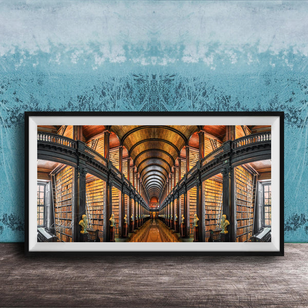 a grand library with a long row of bookshelves stretching into the distance, creating a sense of depth and perspective.