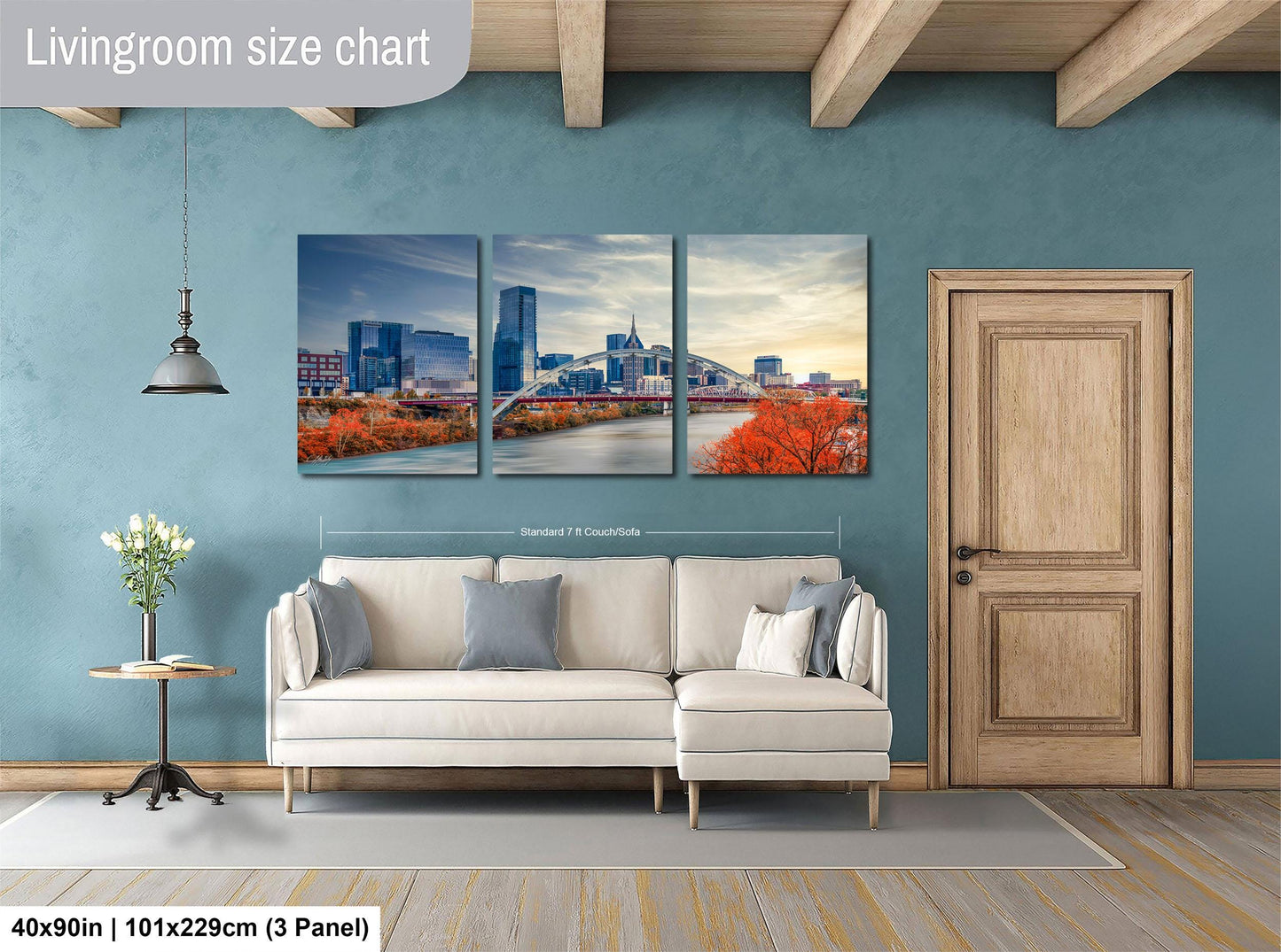 The image is a living room with a large white sofa and a wooden door. Above the sofa, there is a wall-mounted living room size chart that provides dimensions for the different panels of the collage.