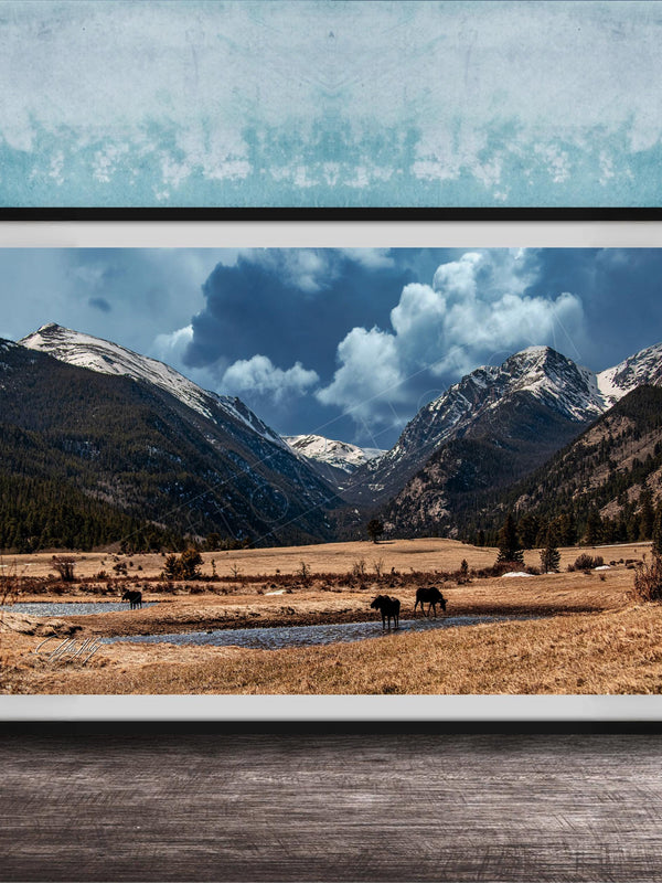 A framed photograph depicting a serene landscape with snow-capped mountains, a river, and grazing animals in a field.