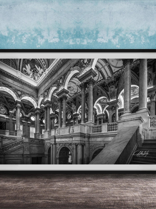 This luxury fine art photograph captures the grand interior architecture of the Library of Congress in Washington DC. Marble columns, ornate ceilings, and classical symmetry create a refined composition rooted in American national history and cultural legacy. Ideal for collectors, professionals, and interior designers seeking museum-quality wall art that embodies intellect, heritage, and timeless elegance.