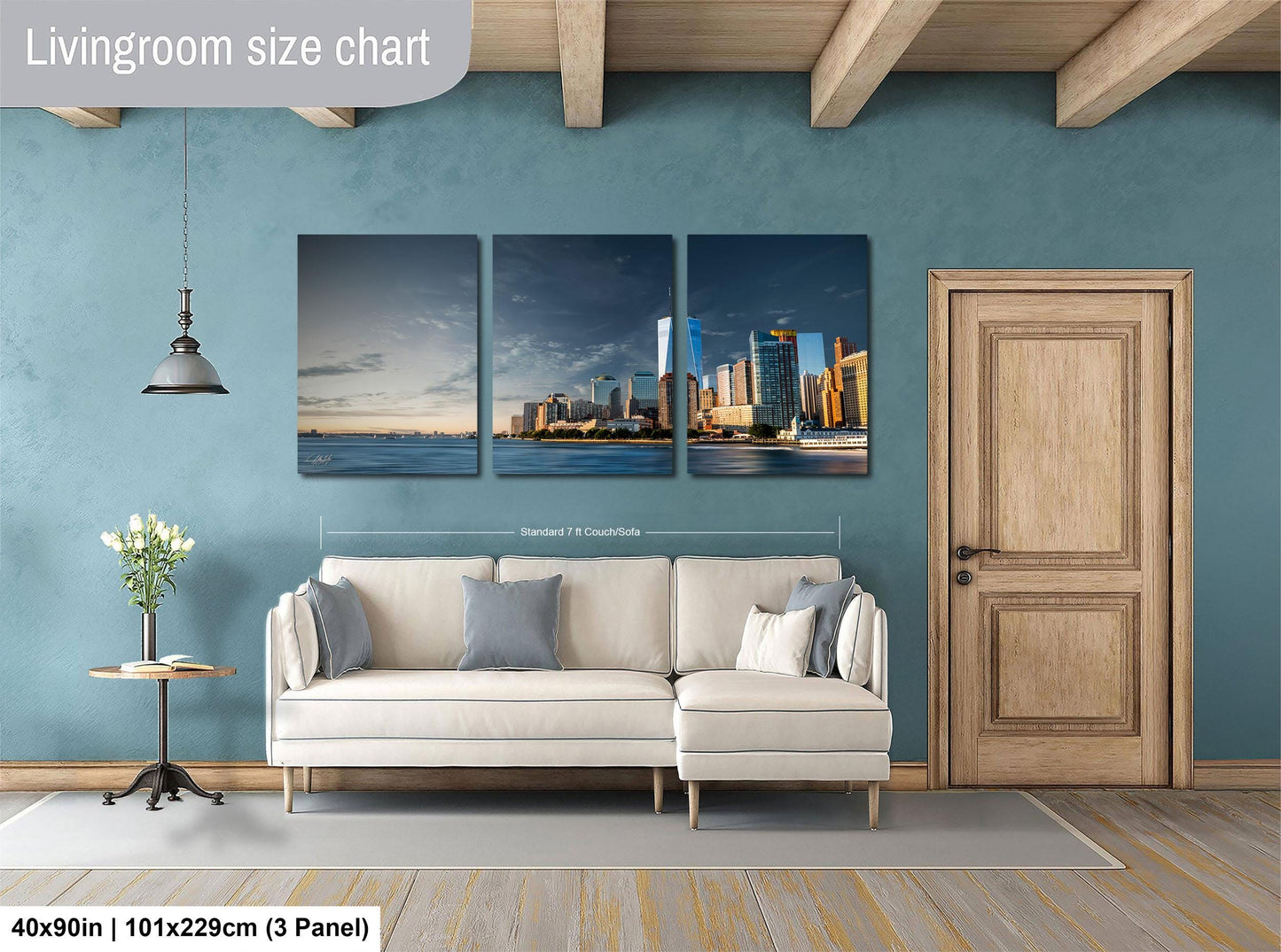 The image is a living room with a large white sofa, a wooden door, and a wall with a large living room size chart. The chart provides dimensions for the living room, including the width and height.