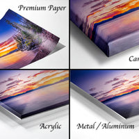 The image is a collage of four different images, each depicting a sunset over a body of water. The images are labeled as "Premium Paper", "Canvas Wrap", "Acrylic", and "Metal/Aluminum".