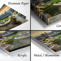 four different views of a cityscape, including a premium paper print, a canvas wrap, an acrylic print, and a metal/aluminum print.