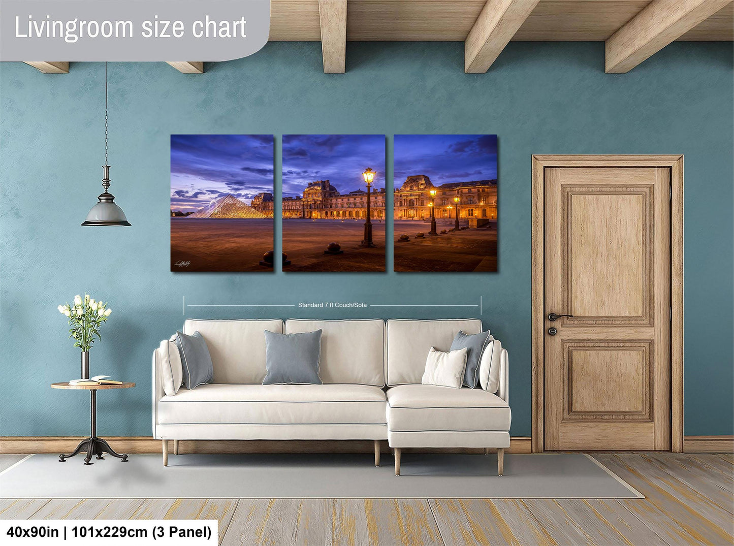 The image is a living room with a large, three-panel living room size chart on the wall. The chart displays the dimensions of the living room in feet and inches, with the largest panel being 40'x50'', followed by a smaller panel of 51'x29'', and the smallest panel of 51'x29'', all within a 3'x3' panel.