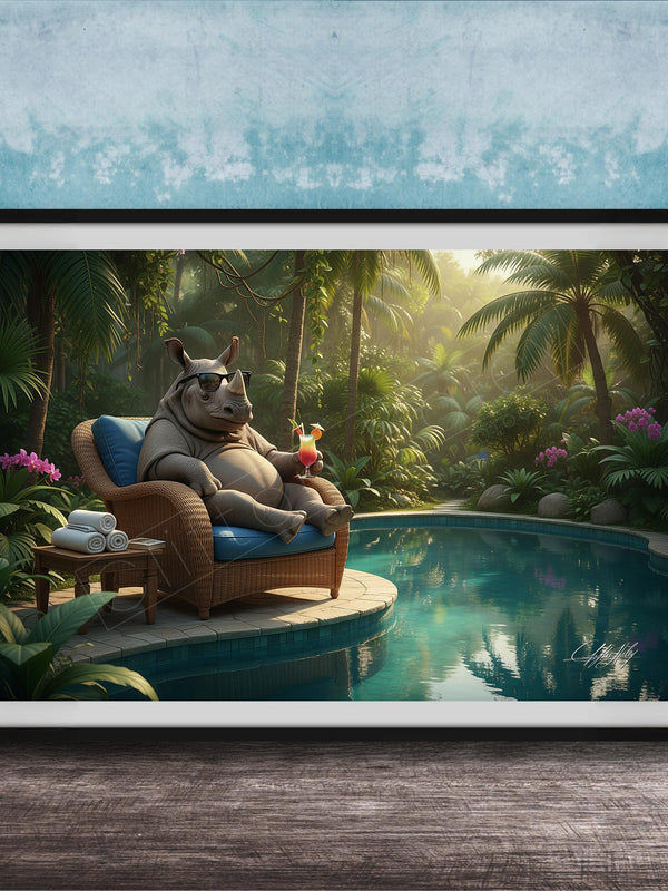 A whimsical scene featuring a rhinoceros sitting in a wicker chair by a pool, surrounded by lush tropical foliage and flowers.