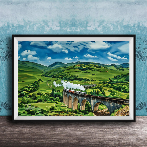 A framed painting depicting a scenic landscape with a curved stone bridge spanning a valley, surrounded by rolling hills and lush greenery.