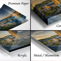 The image is a collage of four different views of a cityscape, each with a distinct texture and finish. The collage includes a premium paper print, a canvas wrap, an acrylic print, and a metal/aluminum print.