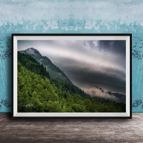 The image is a framed photograph of a mountainous landscape with a forested area and a cloudy sky.