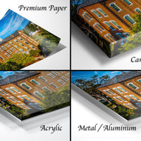 The image is a collage of four different views of a brick building, with each view labeled as either "Premium Paper", "Canvas Wrap", "Acrylic", or "Metal/Aluminum".