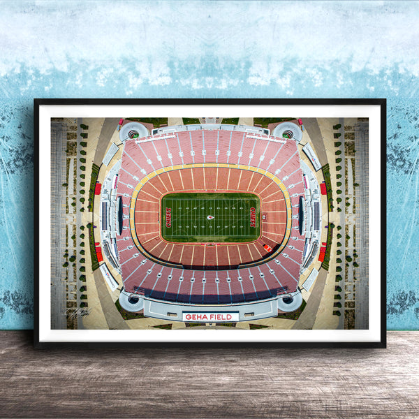 The image is an aerial view of a football stadium, specifically GEHA Field, with a focus on the field and surrounding infrastructure.