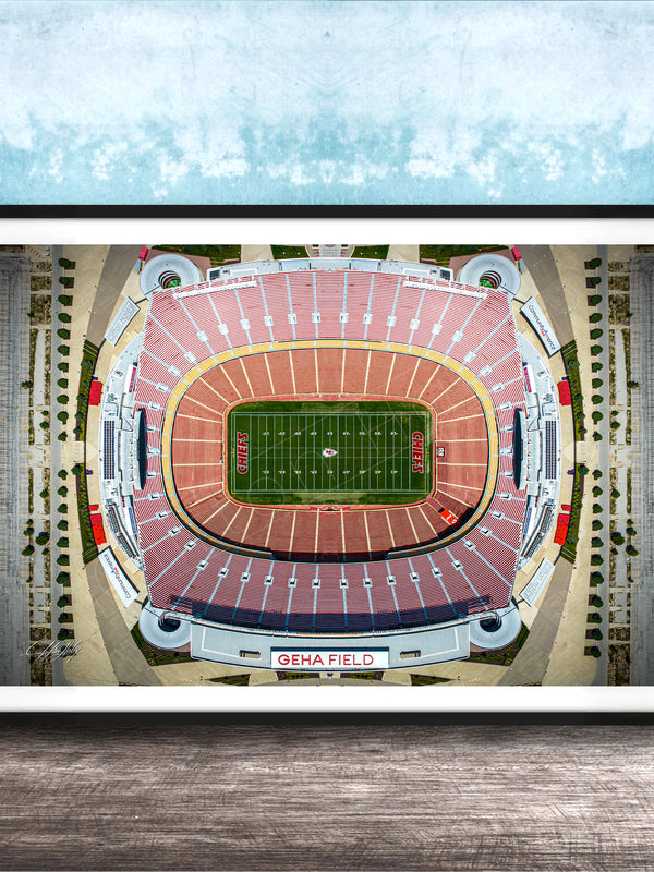 The image is an aerial view of a football stadium, specifically GEHA Field, with a focus on the field and surrounding infrastructure.