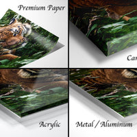 The image is a collage of four photographs depicting a tiger in various natural settings, including a forest and a grassy area.