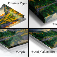The image is a collage of four different views of a landscape, including a premium paper print, a canvas wrap, an acrylic print, and a metal/aluminum print.