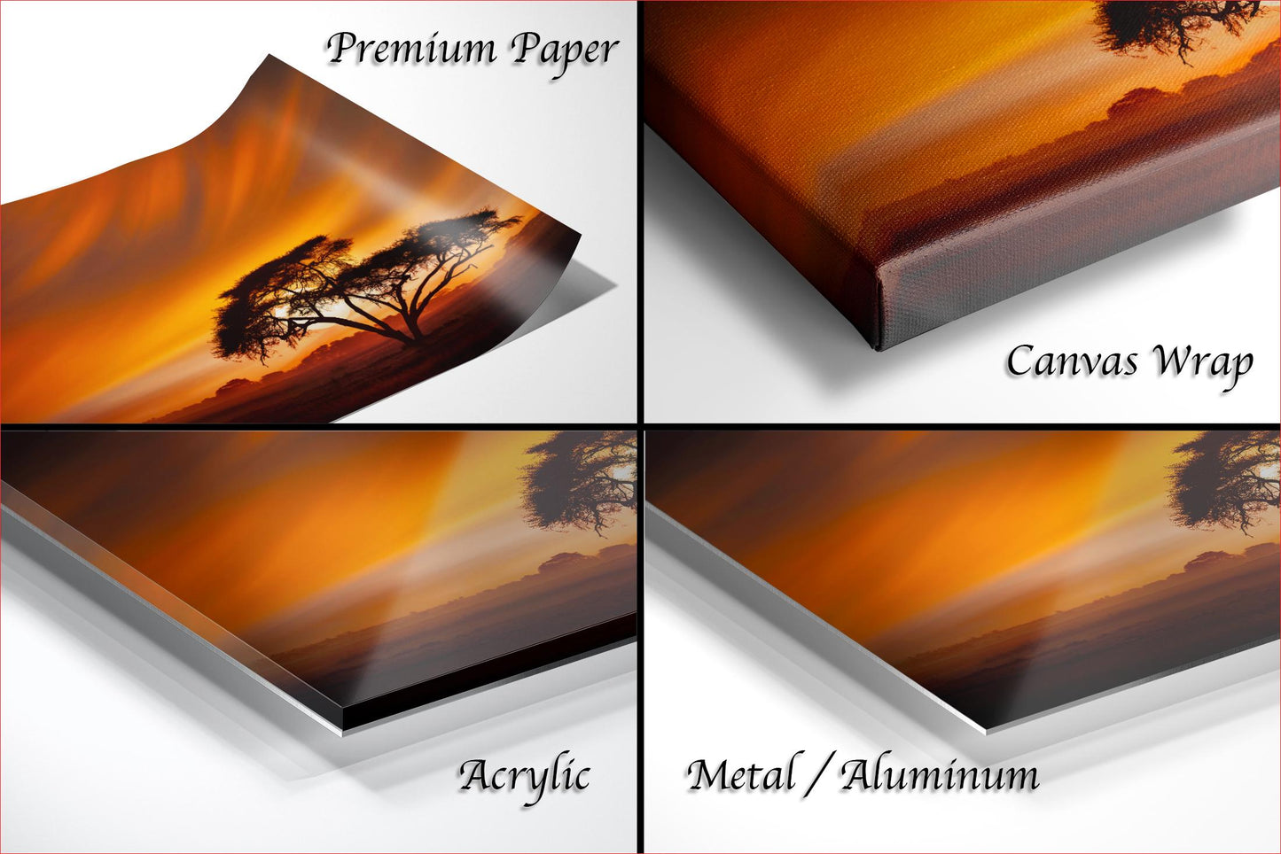 The image is a collage of four different images, each depicting a sunset scene. The images are labeled as "Premium Paper", "Canvas Wrap", "Acrylic", and "Metal/Aluminum".