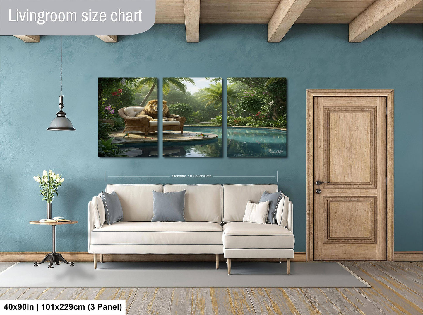 The image is a living room with a large painting of a tropical scene hanging on the wall. The painting depicts a pool surrounded by lush greenery and palm trees. The room has a white sofa and a wooden door, creating a cozy and inviting atmosphere.