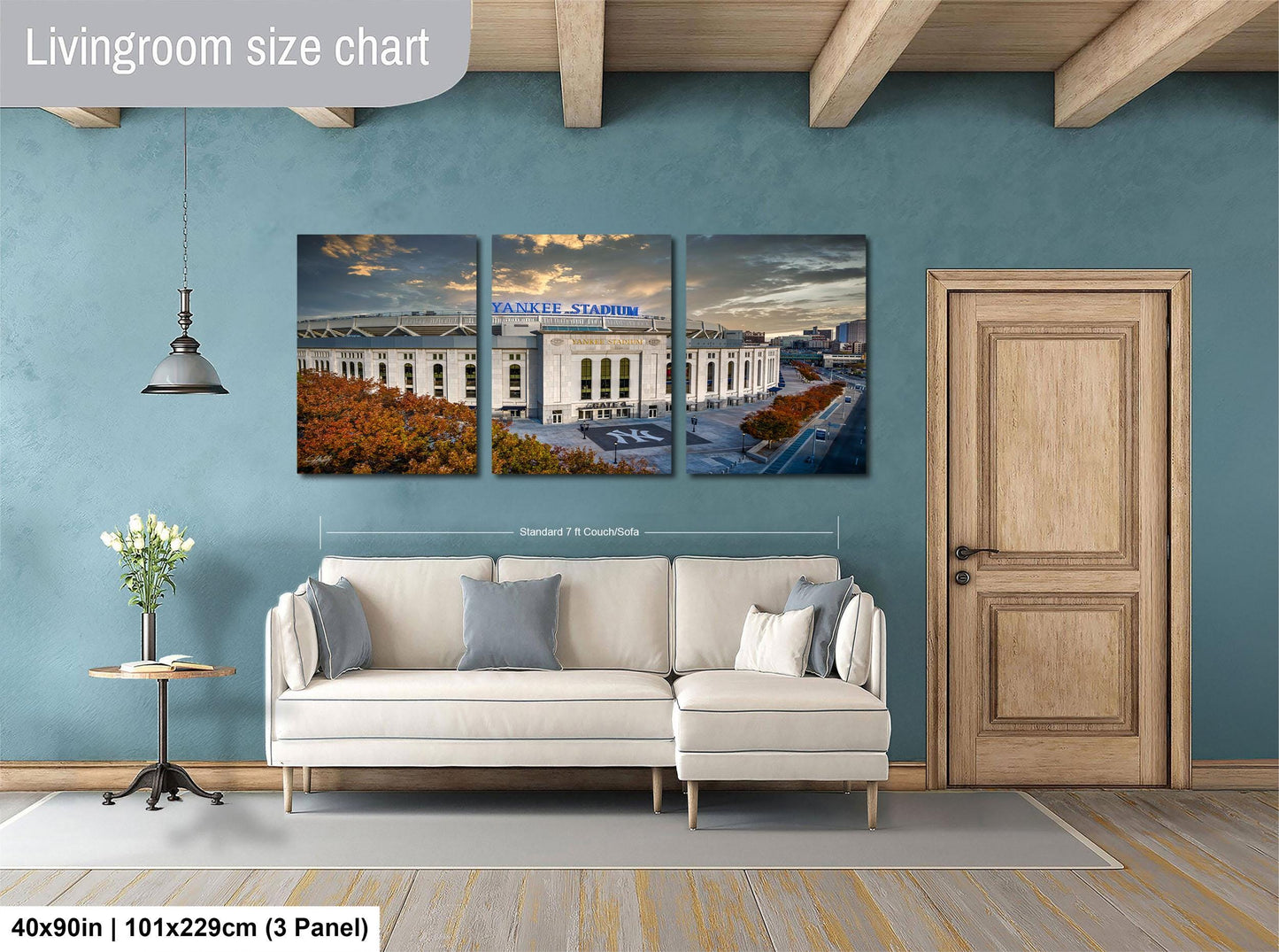 The image is a livingroom size chart featuring a triptych of a stadium, with the left panel showing the stadium's exterior, the middle panel depicting the stadium's interior, and the right panel showing the stadium's parking lot.