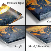 The image is a collage of four different images, each depicting a landscape with mountains and a sunset. The images are labeled as "Premium Paper", "Canvas Wrap", "Acrylic", and "Metal/Aluminum".