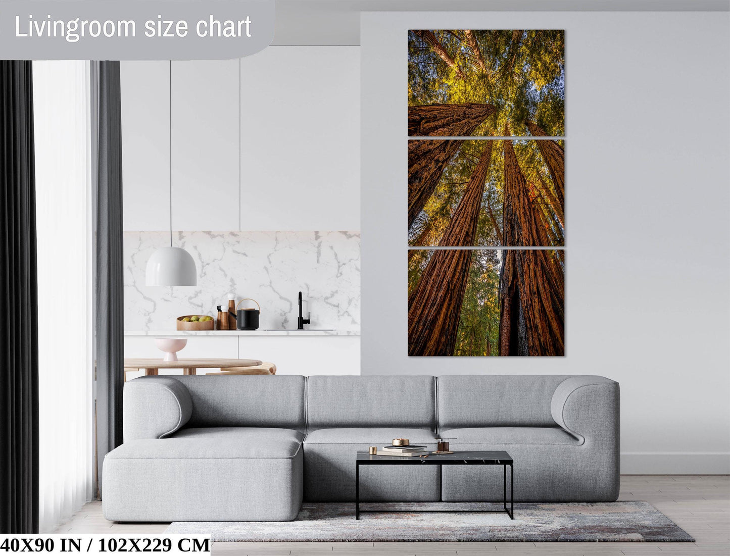 The image is a living room with a gray sofa, a coffee table, and a large wall art depicting tall trees. The wall art is a collage of three images, and the living room is described as having a modern and minimalist design.