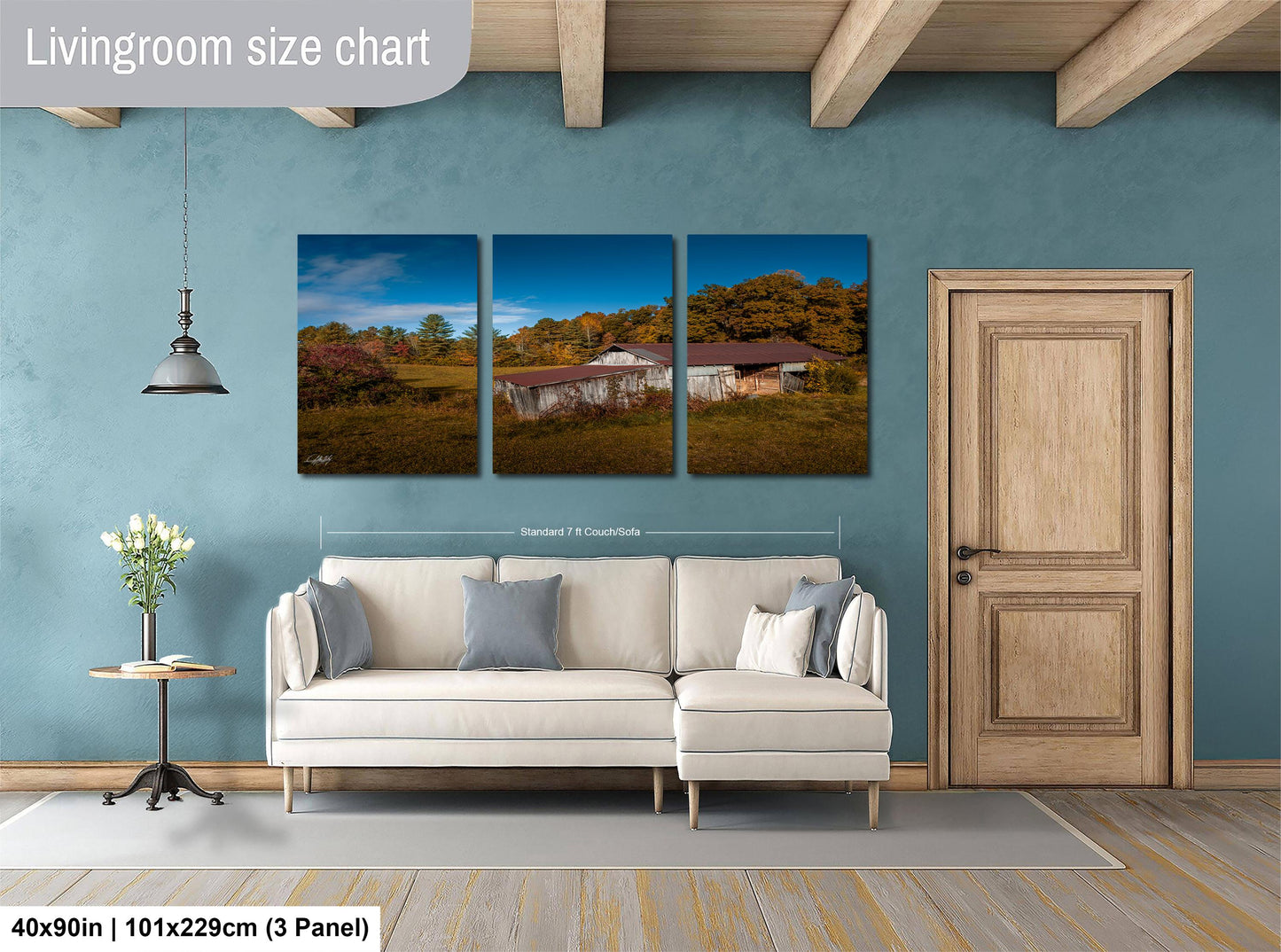 The image is a livingroom size chart that includes a triptych of pictures depicting a rural landscape with a barn and trees. The chart provides dimensions for the living room, including the width of the wall and the height of the door.