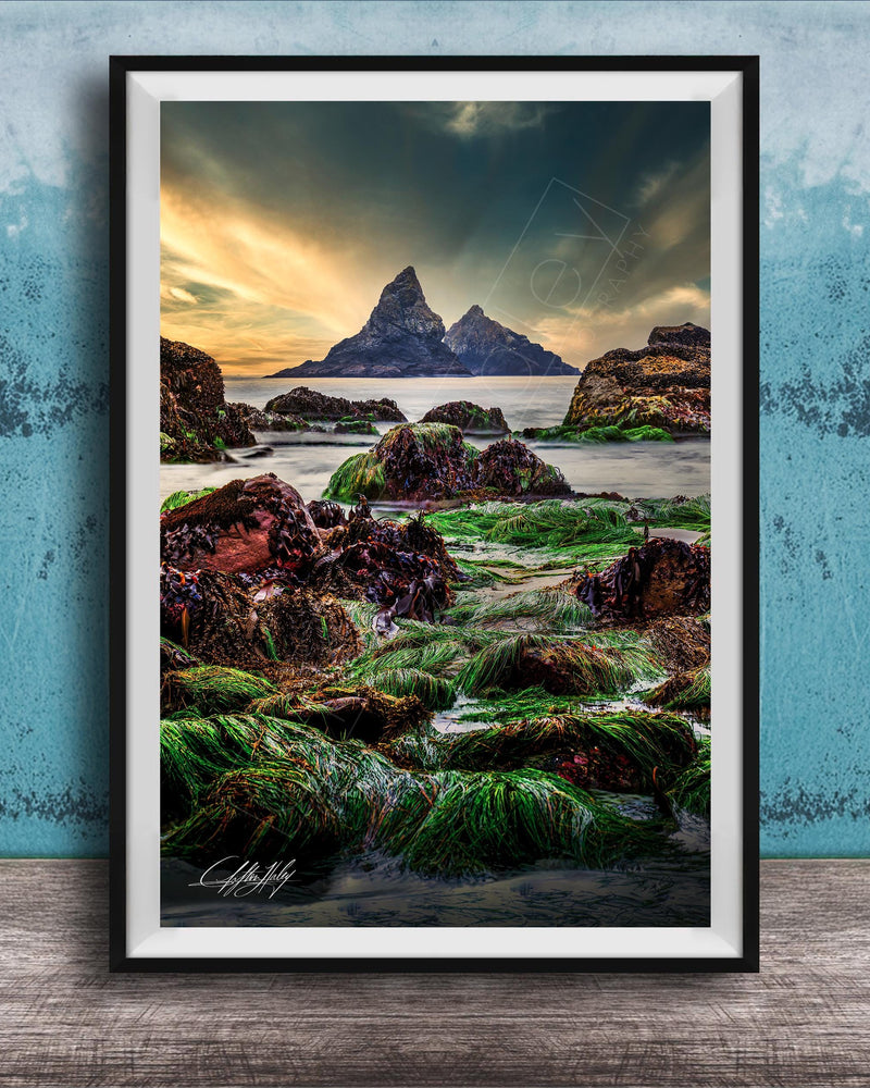 The image is a framed photograph of a rocky shoreline with a large, distant mountain in the background. The photograph is set against a blue wall, and the sky above is cloudy. The image is a collage of multiple images, and the photograph is framed with a black border.