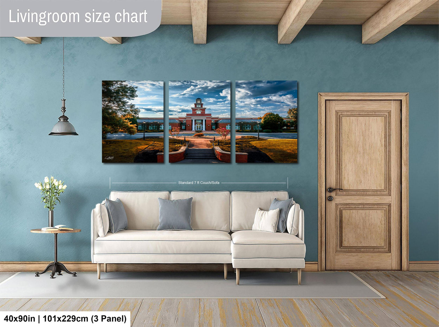 The image is a living room with a large, three-panel living room size chart on the wall. The chart displays the dimensions of the living room in feet and inches, providing a visual representation of the room's size.