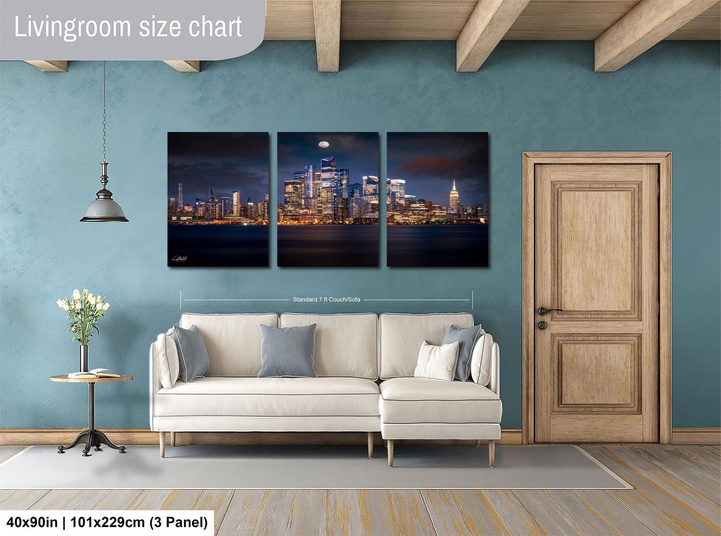 The image is a living room with a large, three-panel living room size chart on the wall. The chart displays the dimensions of the living room in feet and inches, with the largest panel being 40'x50'', the medium panel being 101'x129'', and the smallest panel being 3'x3'', indicating the available space in the room.
