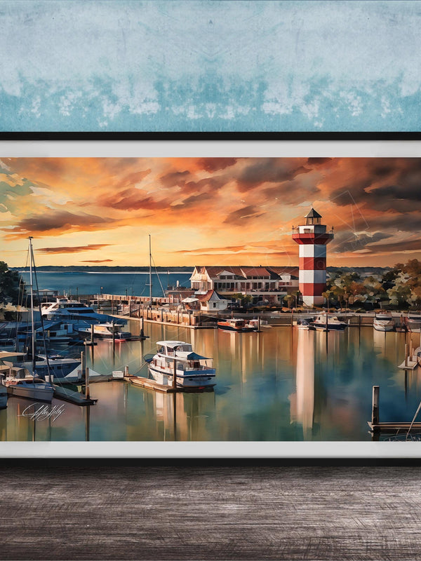 A framed painting depicting a serene harbor scene with boats docked at the pier, a lighthouse in the distance, and a vibrant sunset sky reflected in the calm waters.