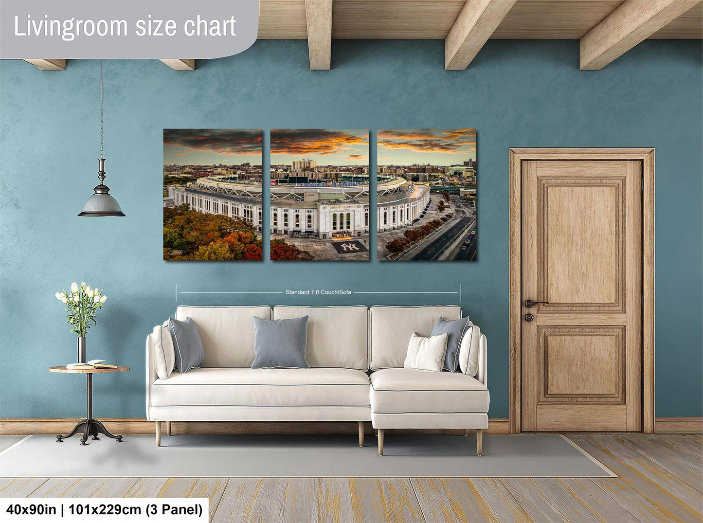 The image is a living room with a large, three-panel living room size chart on the wall. The chart displays the dimensions of the living room in feet and inches, with the largest panel measuring 40'x50'', the medium panel measuring 101'x229'', and the smallest panel measuring 3'x3''.