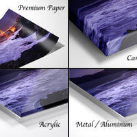 The image is a collage of four different images, each depicting a different aspect of a coastal landscape. The images include a close-up view of the ocean, a close-up view of the Golden Gate Bridge, a close-up view of the rocky shore, and a close-up view of the waves crashing against the shore. The images are labeled as "Premium Paper", "Canvas Wrap", "Acrylic", and "Metal/Aluminum" to describe the materials used in the prints.
