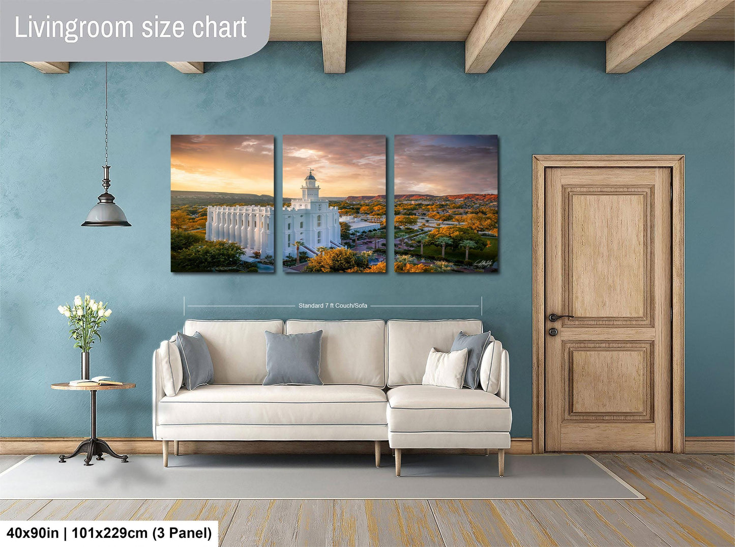 The image is a living room with a large, three-panel living room size chart on the wall. The chart displays the dimensions of the living room in feet and inches, with the largest panel measuring 40'x50'', the medium panel measuring 101'x129'', and the smallest panel measuring 3'x3''.
