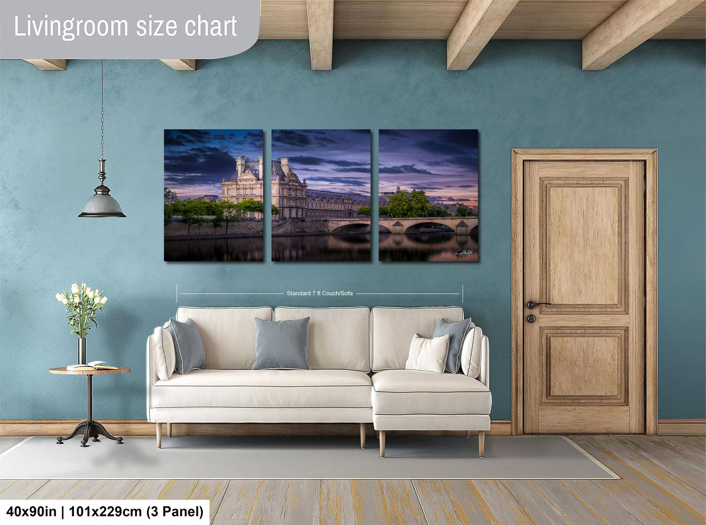The image is a living room with a large, three-panel living room size chart on the wall. The chart displays the dimensions of the living room in feet and inches, with the largest panel being 40'x50'', followed by a smaller panel of 51'x29'', and the smallest panel of 51'x29'', all within a 3'x3' panel.