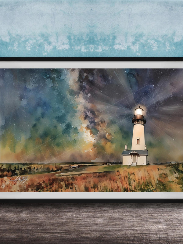 A framed watercolor painting depicting a lighthouse on a grassy field, with a starry sky in the background.