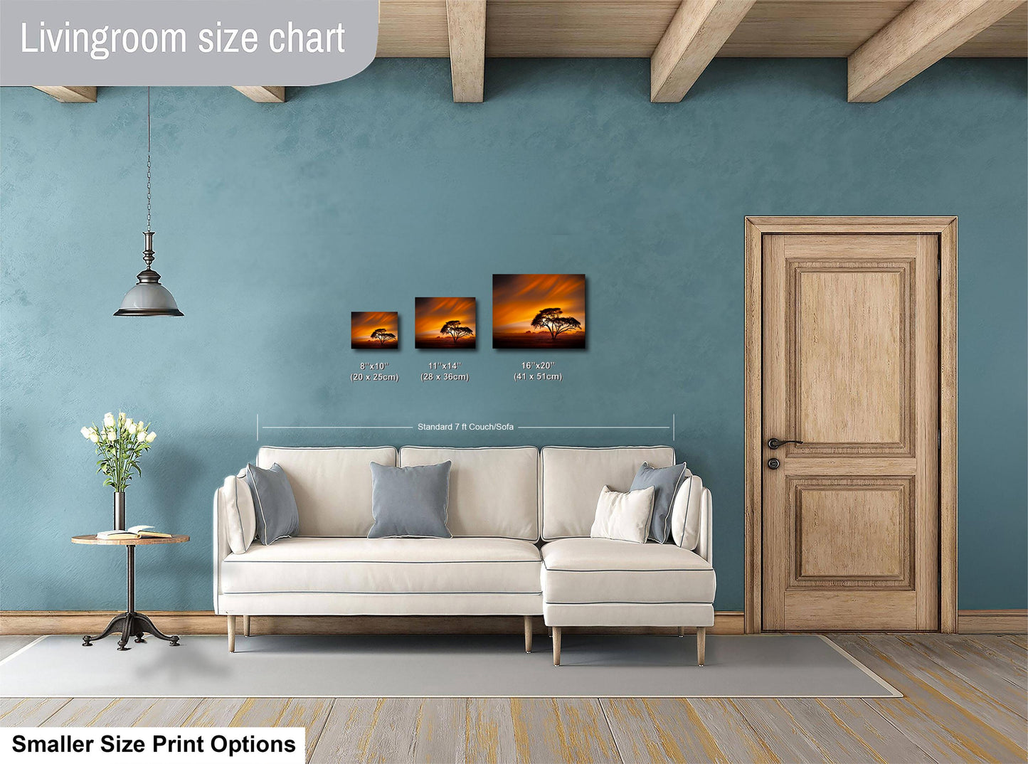 a living room with a white sofa, a wooden door, and a hanging light fixture. There are three framed pictures hanging on the wall, each with different sizes and dimensions. The living room appears to be designed for relaxation and comfort, with a focus on the furniture and decor.