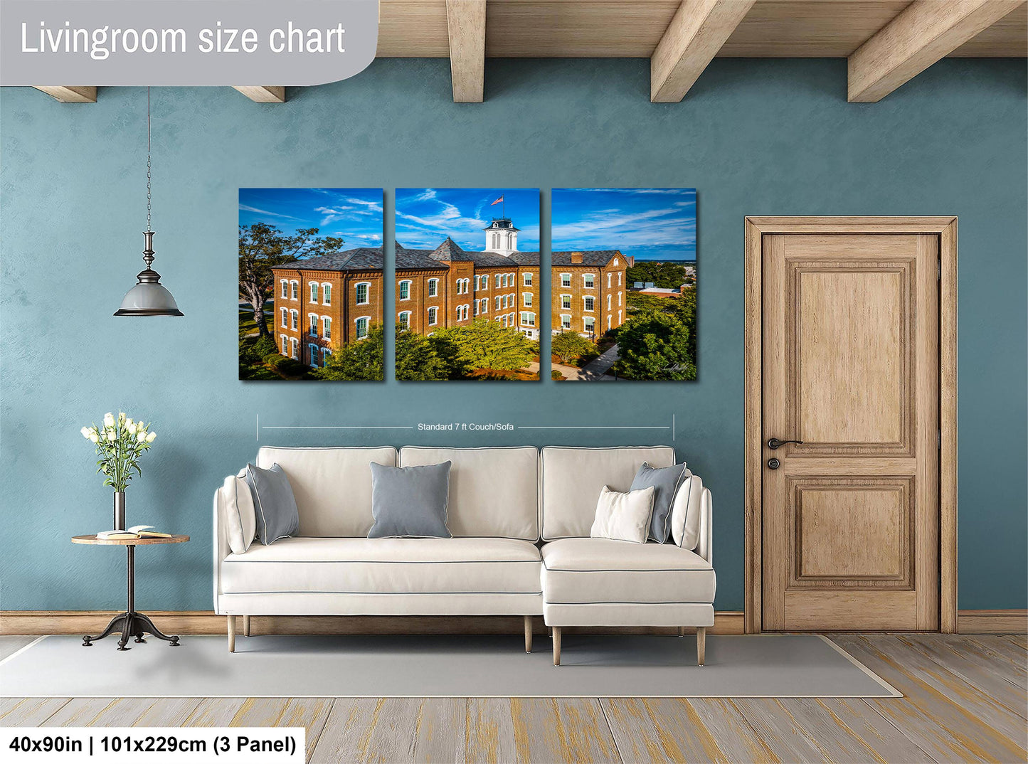 The image is a living room with a large, three-panel living room size chart on the wall. The chart displays the dimensions of the living room in feet and inches, with the largest panel indicating a size of 40'x50'', followed by a size of 101'x129'', and the smallest panel measuring 3'x3'', with a total of 3'x3'', or 9'x3'', in the image.