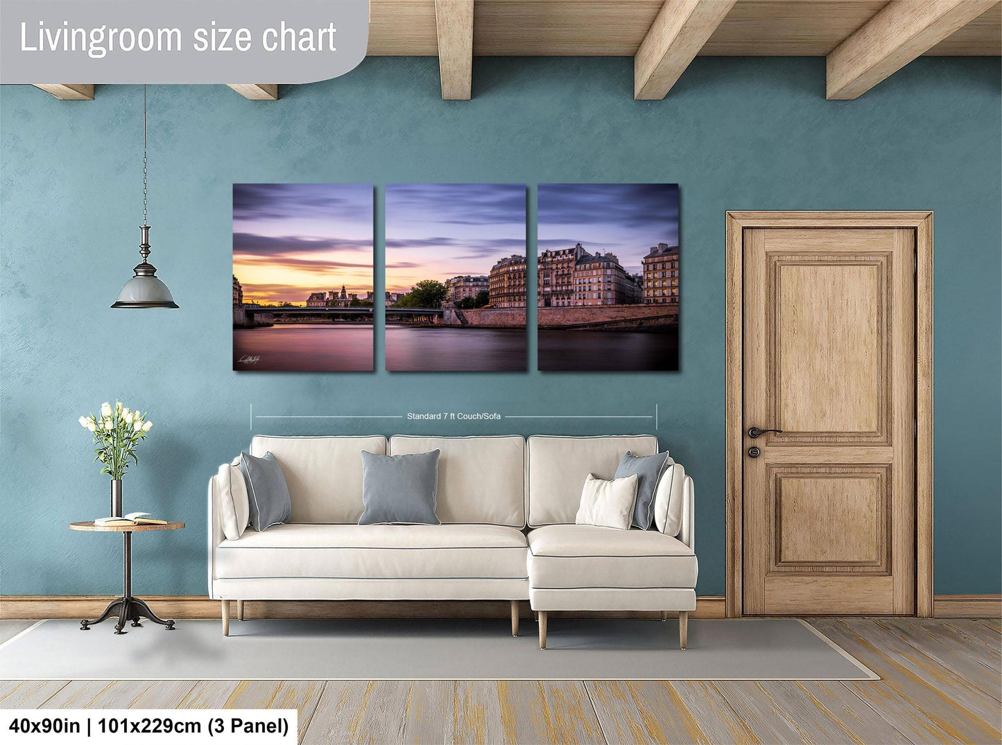 The image is a living room with a large, three-panel living room size chart on the wall. The chart displays the dimensions of the living room in feet and inches, with the largest panel measuring 40'x50'', the medium panel measuring 101'x129'', and the smallest panel measuring 3'x3''.